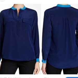 Vince Contrast Trim Split Neck 100 % Silk Popover Long Sleeve Blouse Size 4 Blue